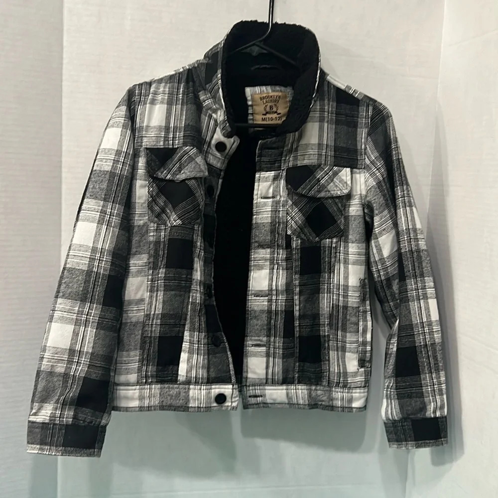 Brooklyn Laundry Fleece Lined Warm Blk & Wht Plaid Jacket Boys size M(10-12)